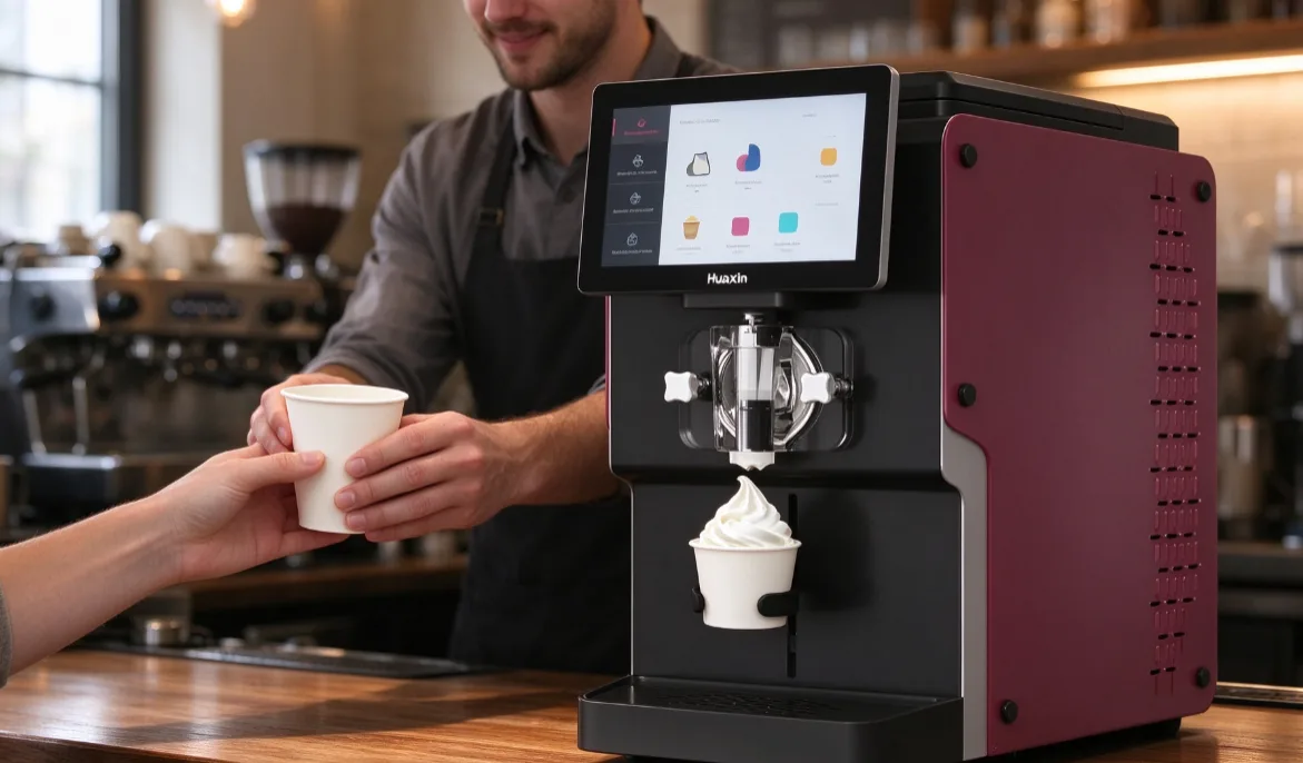 Huaxin Easy7 automatic countertop soft serve machine on a café counter, with a paper cup in the holder under the dispenser