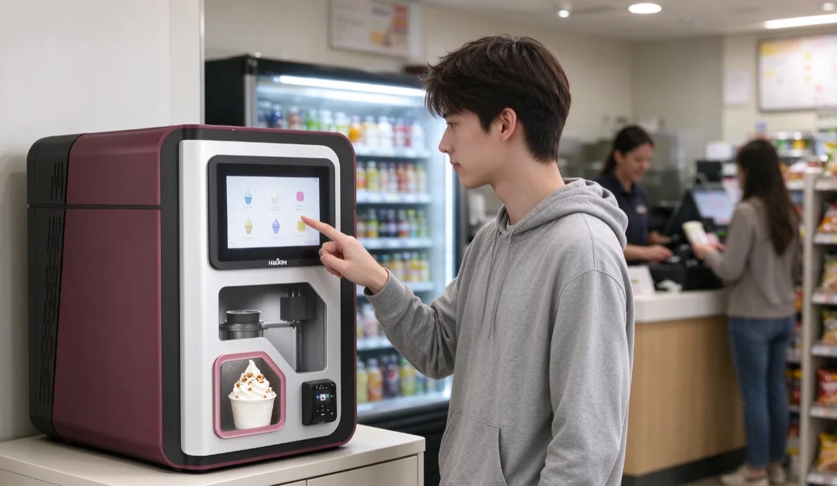 Huaxin Power7 countertop ice cream vending machine on a storage cabinet in a convenience store, with a customer ordering on the touchscreen